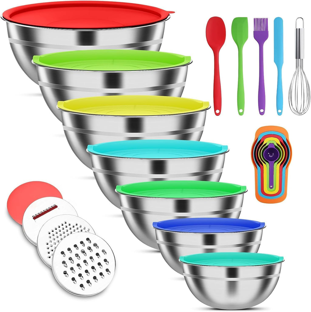 Mixing Bowls with Lids Set, 7 PCS Stainless Steel Mixing Bowls with 3 Grater Attachments, Size 4.5, 4, 3.5, 2.1, 1.5