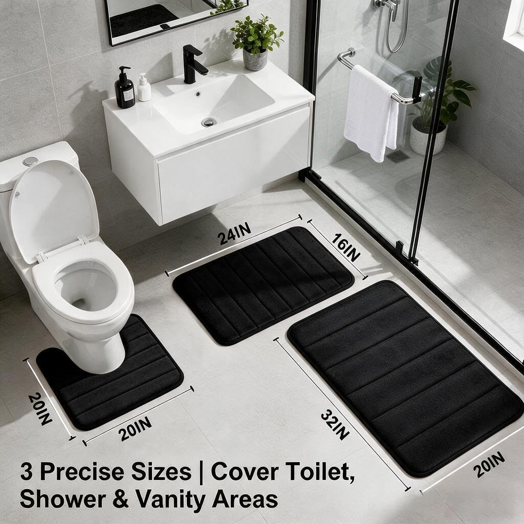 Bathroom Rugs Set Memory Foam Bath Rugs Non-Slip Bath Mat Set 3 Piece,Washable Bathroom Mats,Absorbent Shaggy Rugs