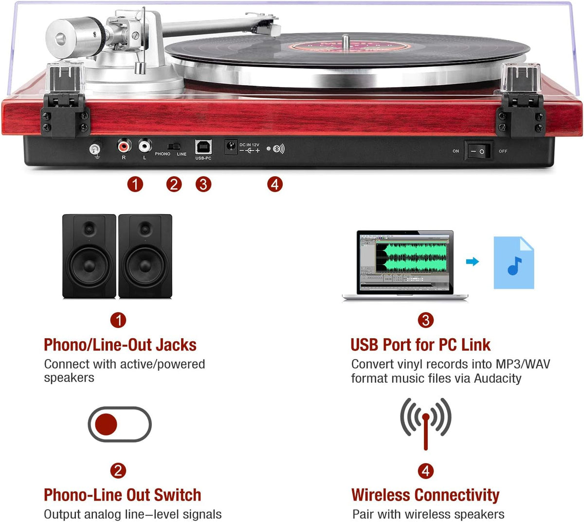 1 BY ONE Belt Drive Turntable with Bluetooth Connectivity, Built-in Phono Pre-amp, USB Digital Output Vinyl Stereo