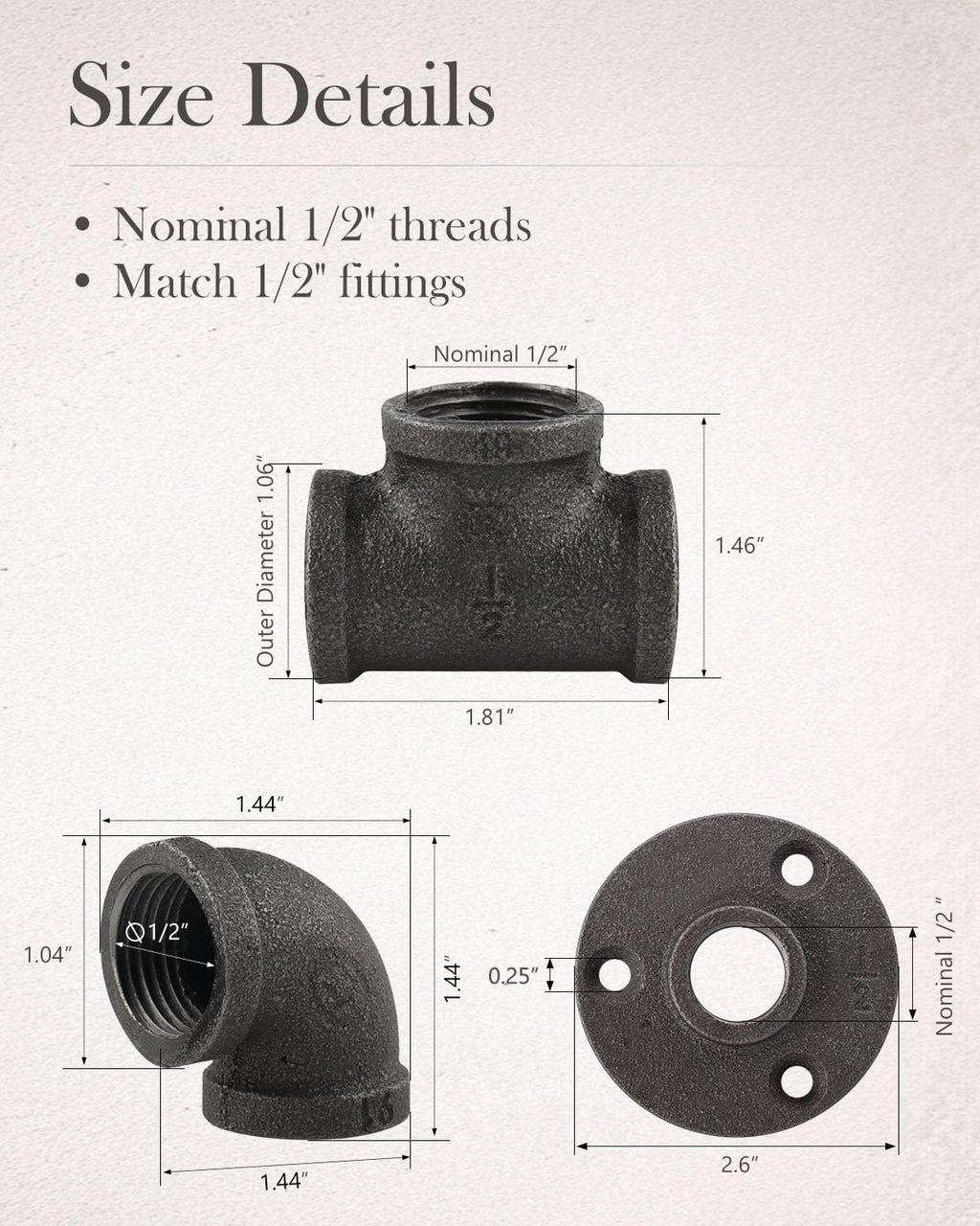 60 Pack 1/2 Inch Cast Iron Pipe Fittings with Elbows Tees Flanges