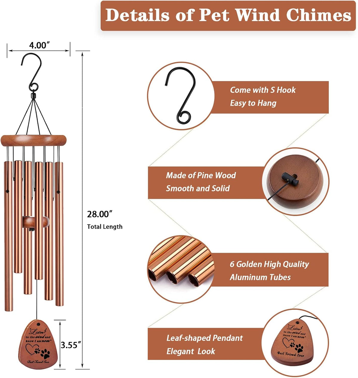 Pet Memorial Gifts for Dogs, 28" Pet Memorial Sympathy Wind Chimes