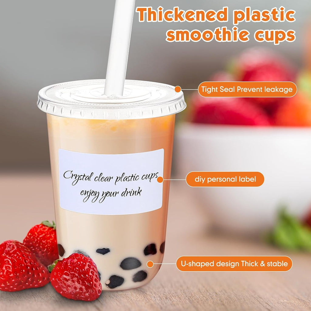 25 Sets Clear Plastic Cups with Lids, Straws and Stickers,16 oz