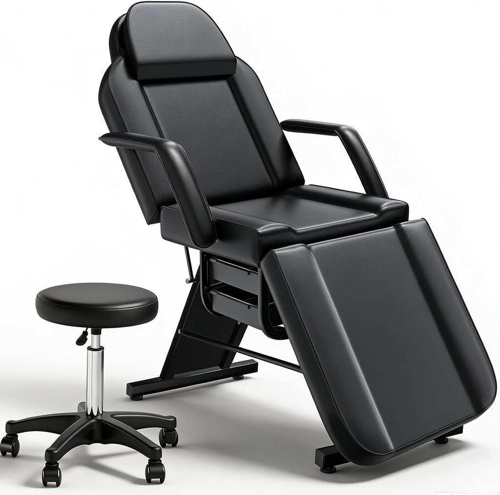 Tattoo Chair for Client, 3-Section Adjustable Facial Esthetician Bed Table with Hydraulic Stool, Multi-Purpose Spa