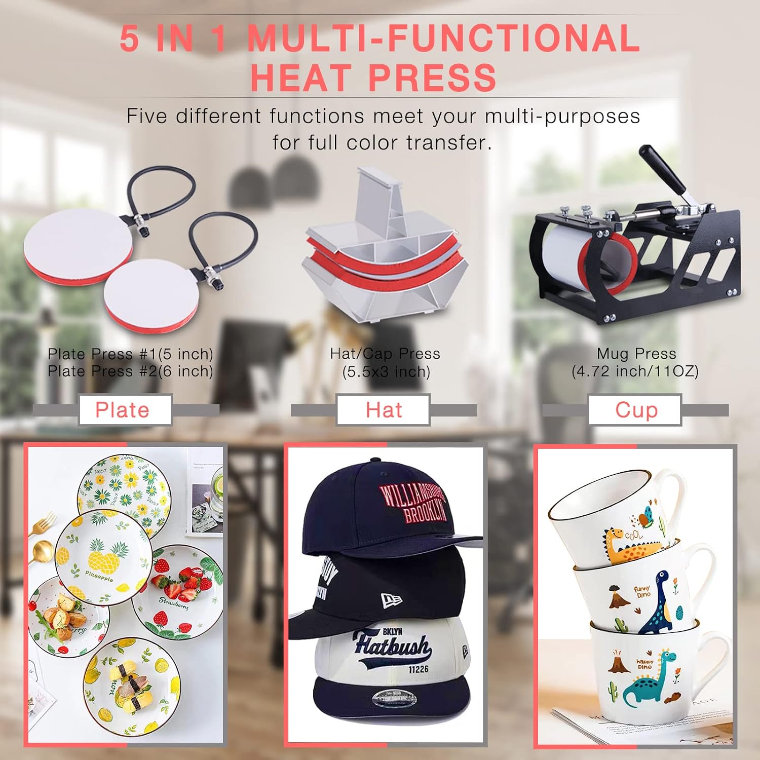 Heat Press Machine 5 in 1 Combo Heat Press 15 x 15 Inch Heat Transfer Machine 360-Degree Swing Away Digital Shirt