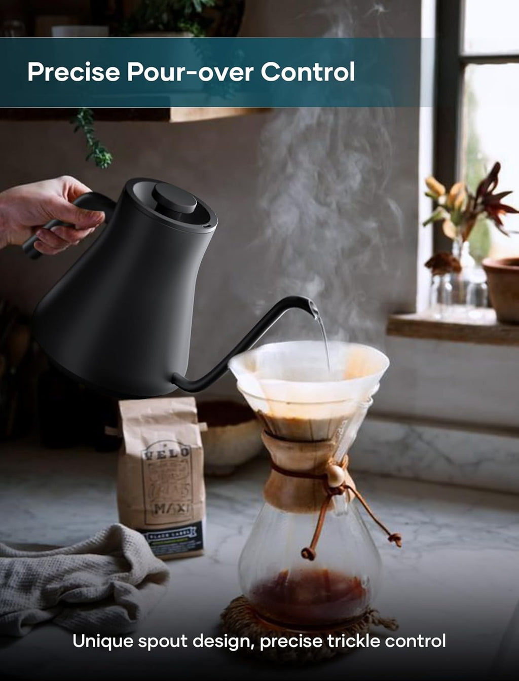Gooseneck Electric Kettle, Temperature Control | Stainless Steel Inner, 1200W Quick Heating, for Pour Over Coffee