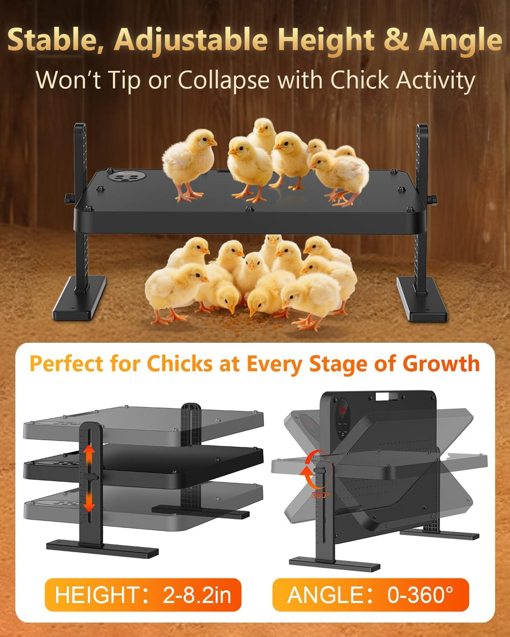 Chick Brooder Heating Plate with 86–194℉ Adjustable Temp, 12H Timer, Adjustable Height & Angle, 200W Rapid Heating