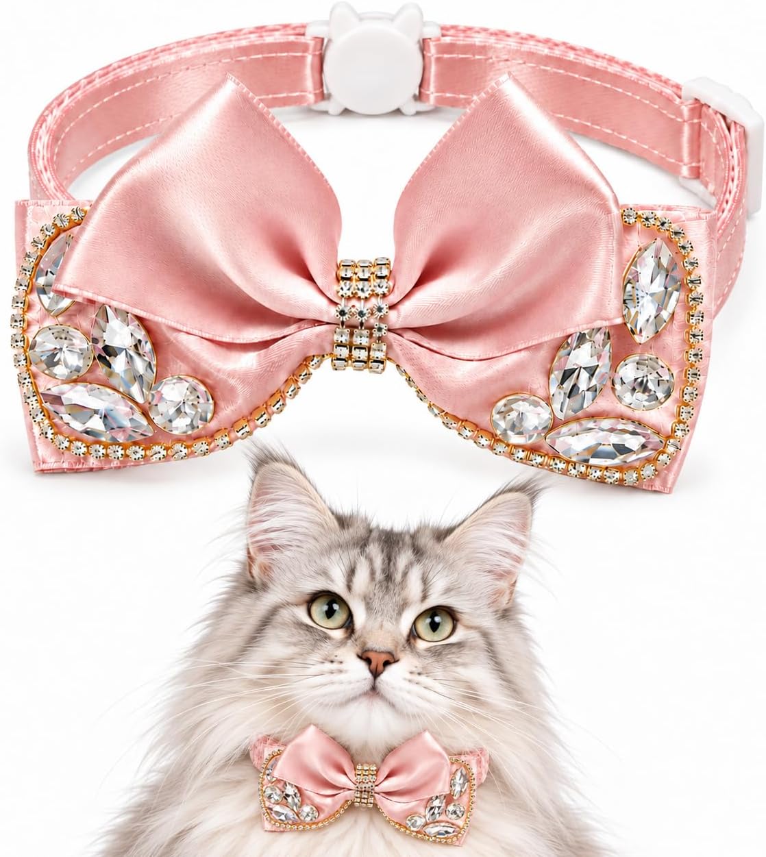 Elegant Rhinestone Cat Collar with Bow, Breakaway Adjustable Pet Collar