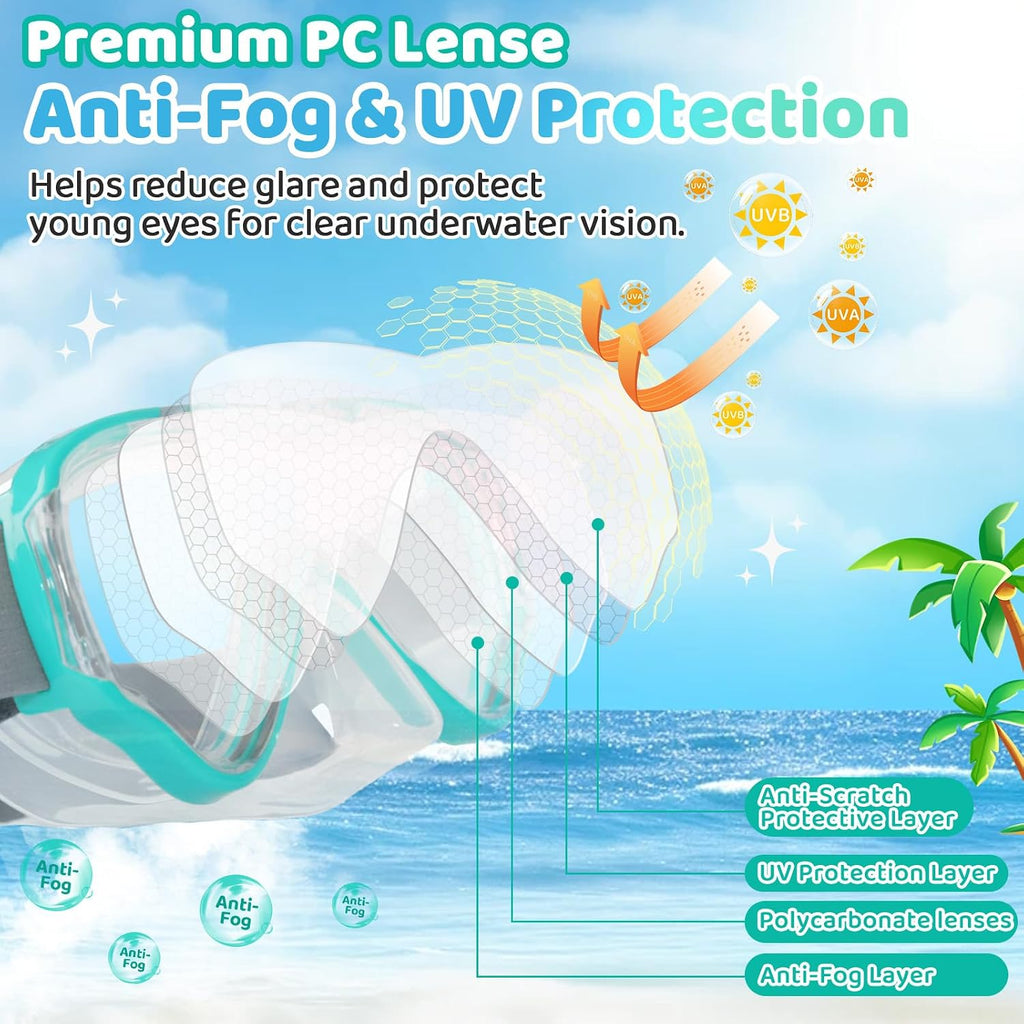 Snorkel Set for Kids 3-14, Dry Top Snorkeling Gear for Boys Girls Youth, Panoramic View Swim Goggles with Nose Cover