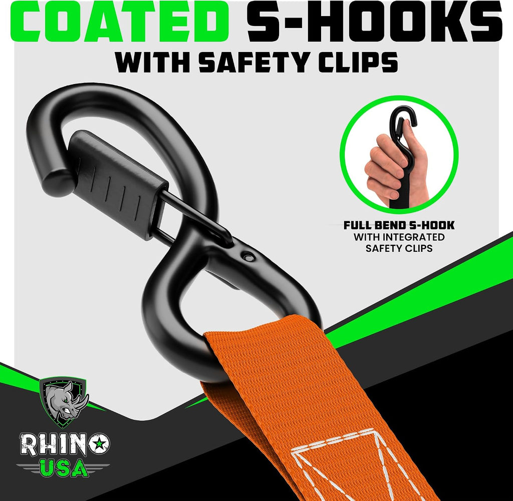Ratchet Straps Tie Downs (4-Pack) - 1in x 15ft with S Hooks | 1,823lb Break Strength. Manual Ratchet w/ S Hooks &