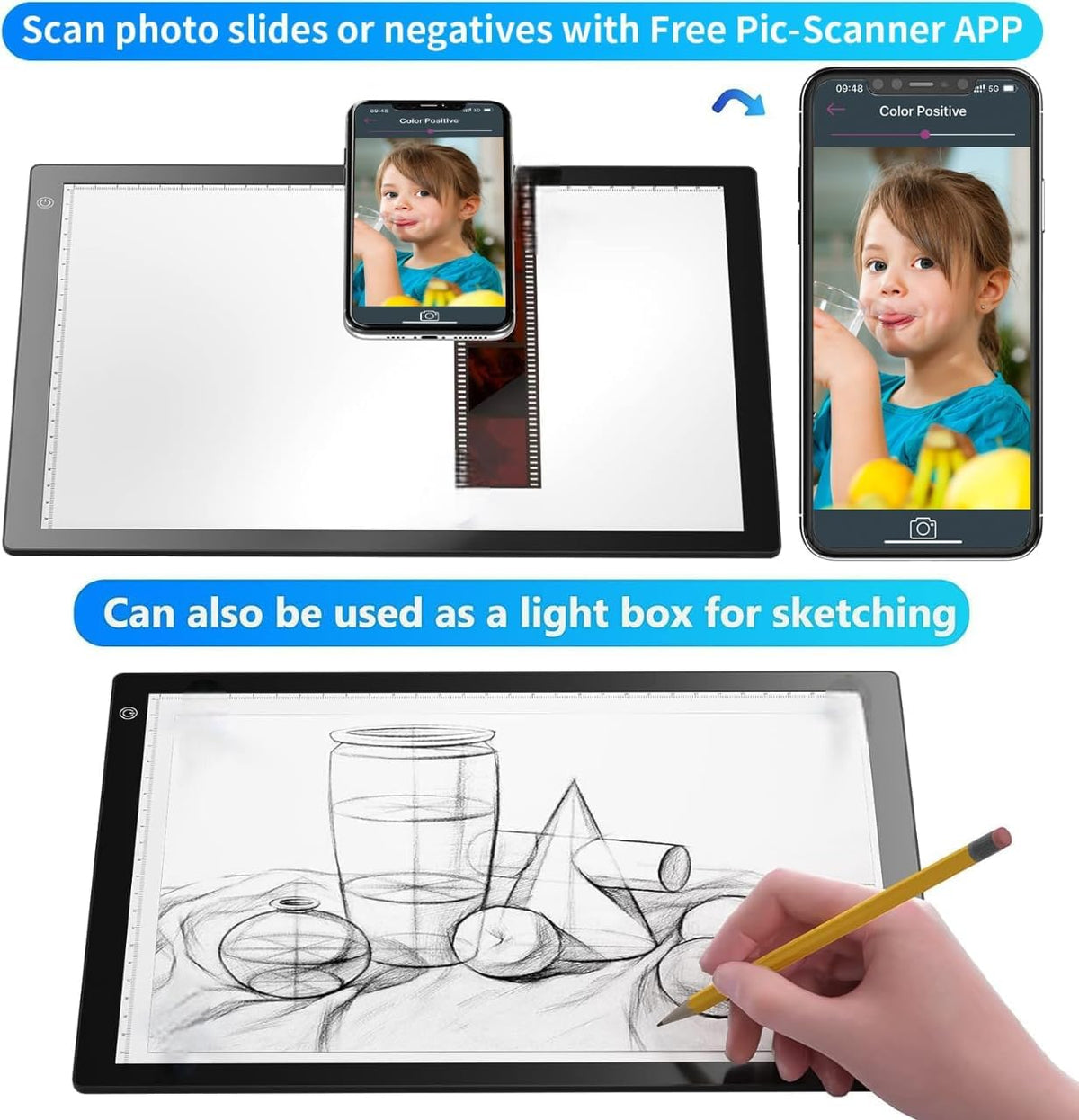 Slide Viewer Light Box A4, Ultra-Thin LED Light Pad for Film Negatives & Slides, 3-Level Adjustable Brightness Slide