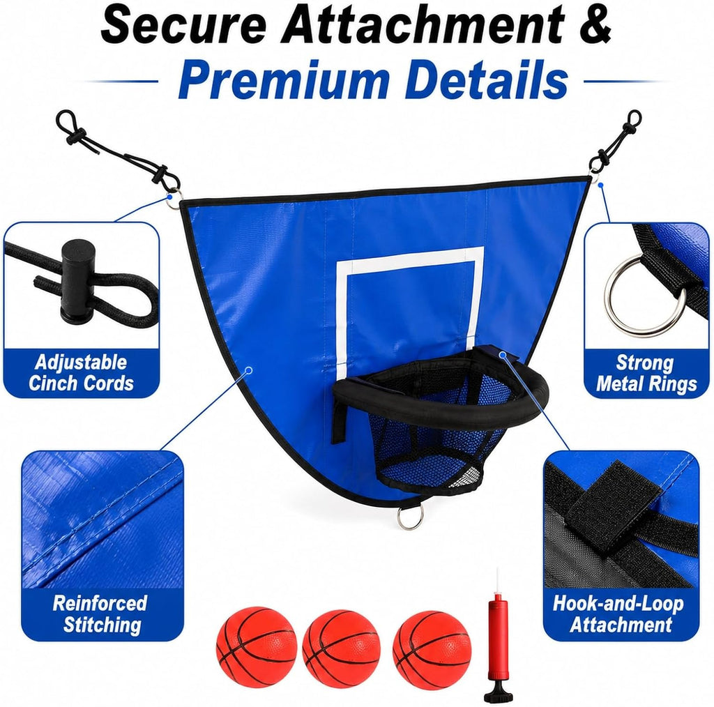 Trampoline Basketball Hoop Attachment, Soft PVC Backboard, 3 Balls & Pump | Attaches to enclosure net or poles; no
