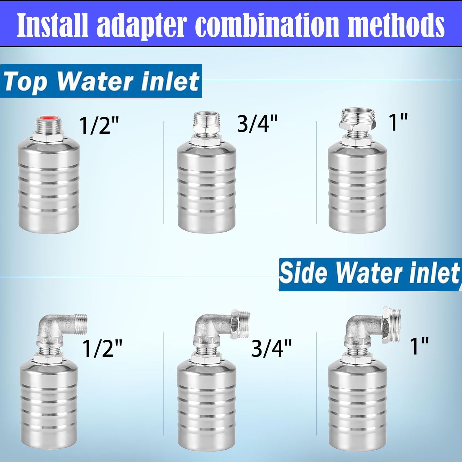 Upgraded Water Float Valve With 1/2" Bend and Adapters, 304 Stainless Steel Automatic Waterline Controller for