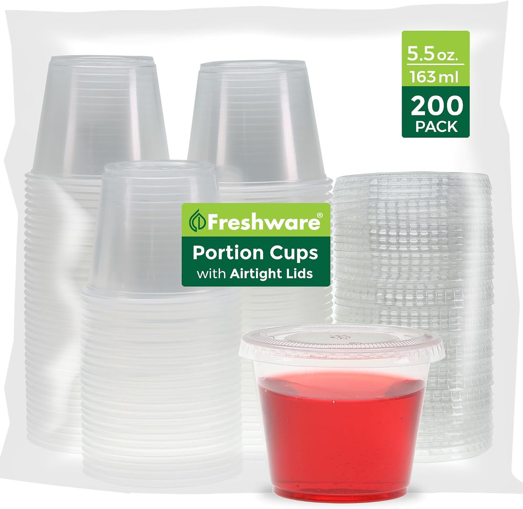 Plastic Portion Cups with Lids [5.5 Ounce, 200 Sets] Souffle Cups, Jello Shot Cups, Condiment Sauce Containers For