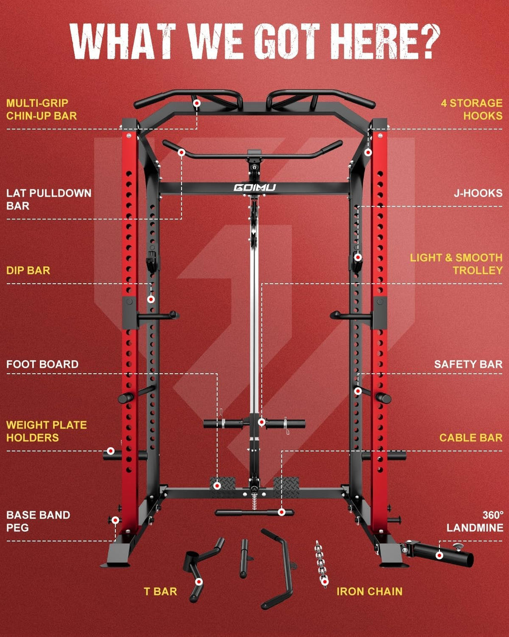 C1-V4 Power Cage, 2000LBS Squat Rack with LAT Pulldown, Multi-Function Weight Cage Strength Training Machine, Workout