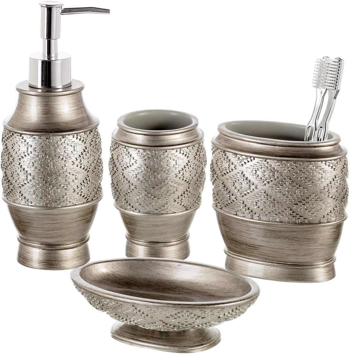Dublin Silver 4 Piece Bathroom Accessory Set | Includes Soap Dispenser, Toothbrush Holder, Tumbler Cup & Soap Dish