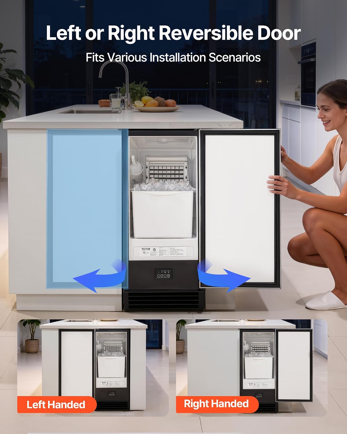 Undercounter Built-in Ice Maker, 50 Lbs/Day Under Counter Ice Maker Machine with Drain Pump, Reversible Door