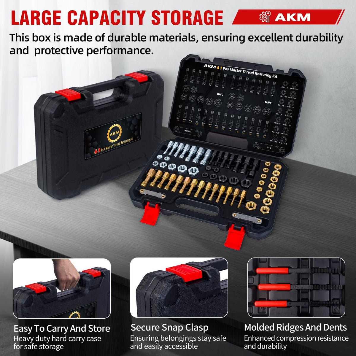 AKM 61Pcs Thread Restorer Kit, Rethread Repair Tool, UNC UNF & MetricThread Chaser Set with Thread Pitch Gauge