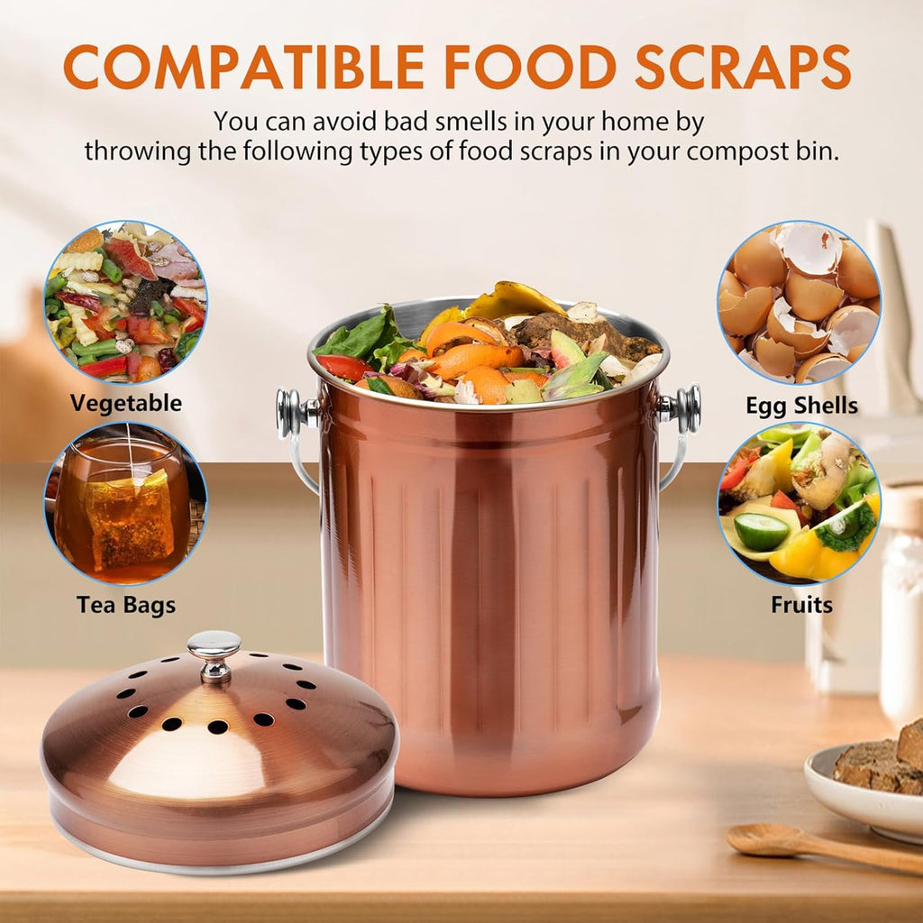 Compost Bin for Kitchen Countertop, 1.3 Gallon Matte Copper Stainless Steel Compost Bucket with Lid, Odorless Food