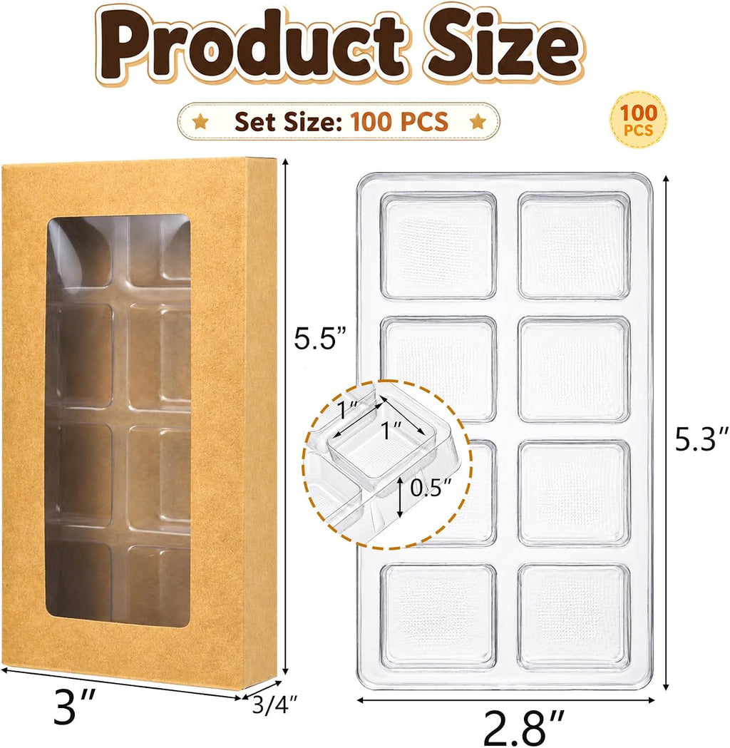 100 Pack Wax Melt Containers Bulk, Brown Kraft Paper Gift Boxes with Clear Window and 8-Cavity Plastic Wax Melt Molds