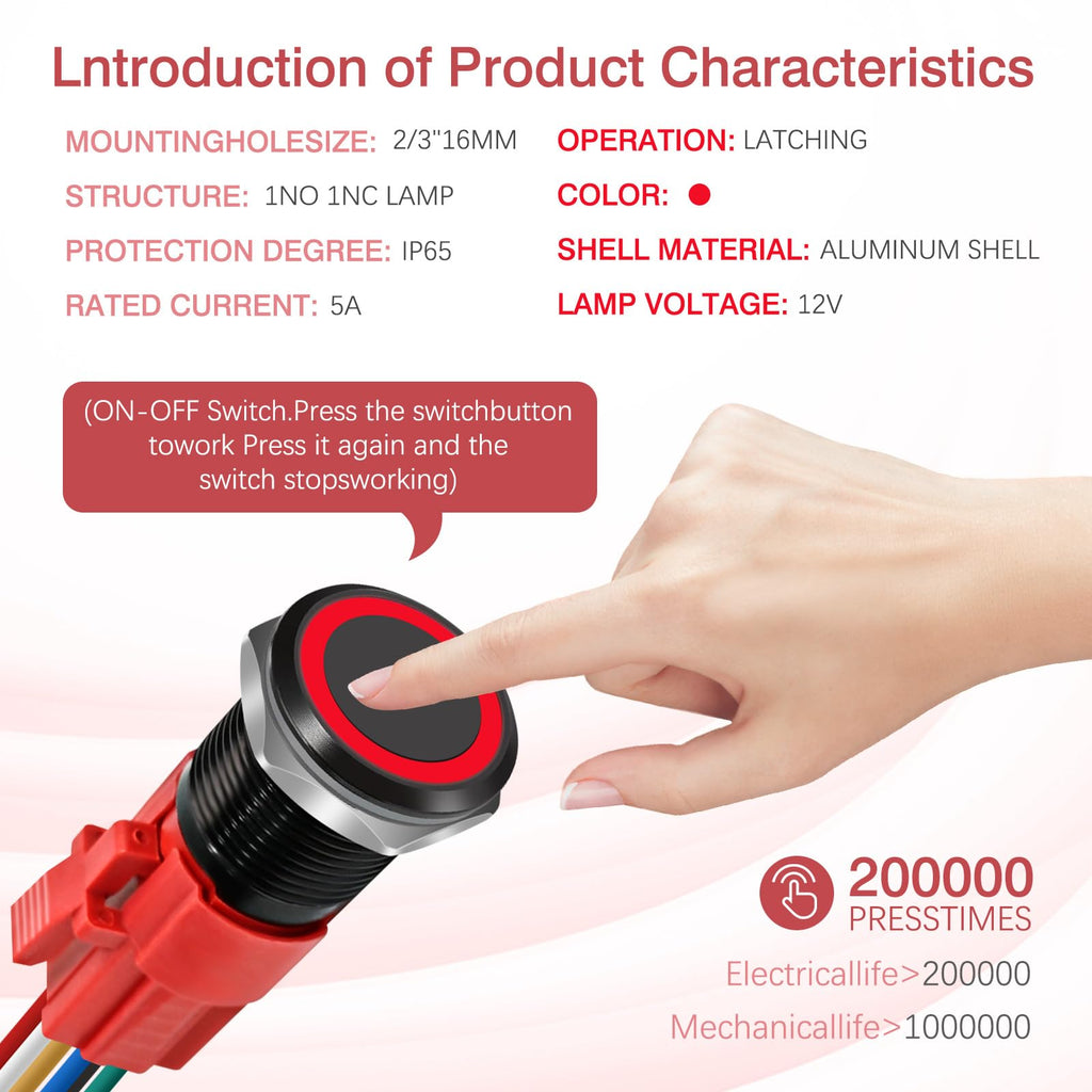 1 Pcs 16mm Latching Push Button Switch (Red Light)