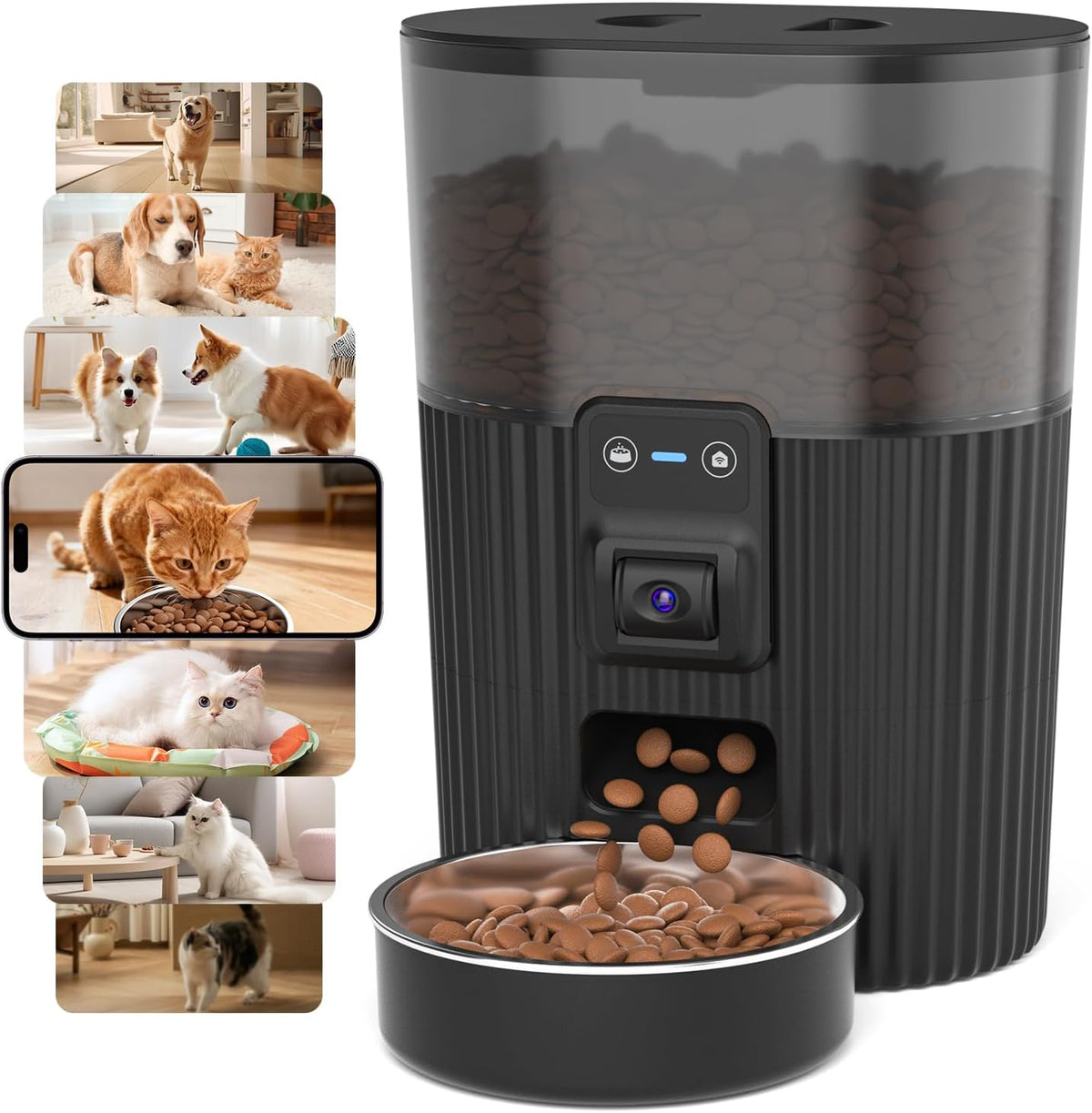 Automatic Cat Feeder with Camera, WiFi Auto Cat Feeder with App, 3L Slow-Feed Cat Food Dispenser for Dry Food, Dual