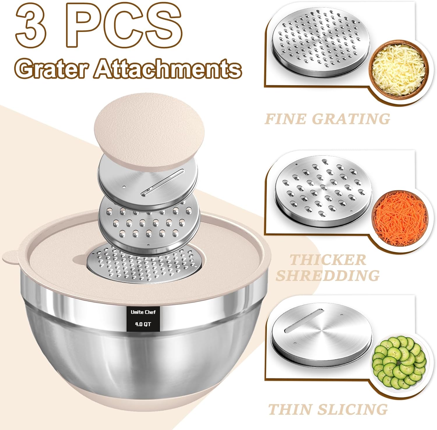 Mixing Bowls with Airtight Lids Set, 8PCS Stainless Steel Nesting Bowls with Grater Attachments, Non-Slip Bottoms, 5
