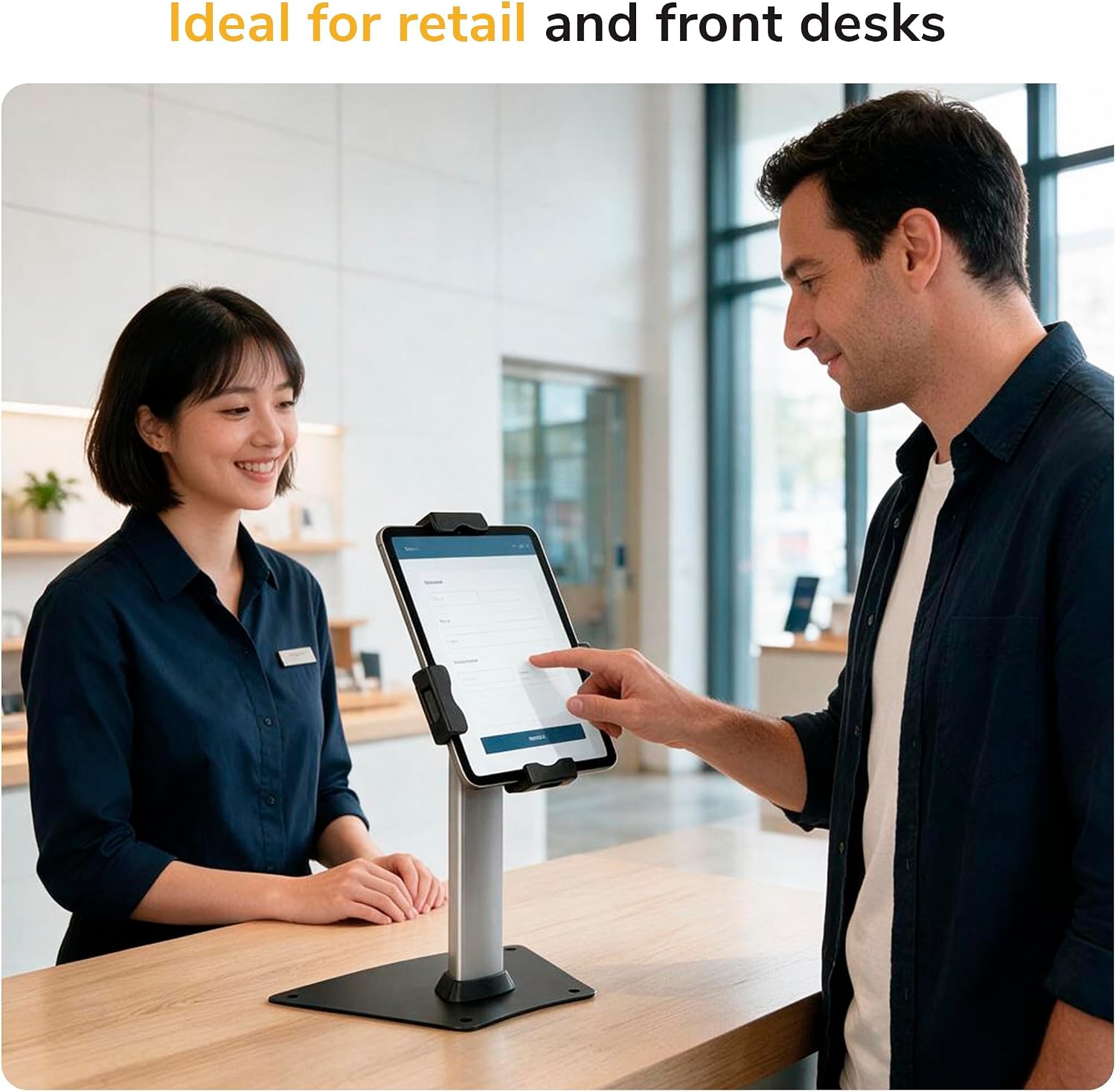 Secure Universal Tablet POS Kiosk Stand with Locking Clamp & Bolt-Down Base, 360° Rotation & +80°/-65° Tilt, Wall or