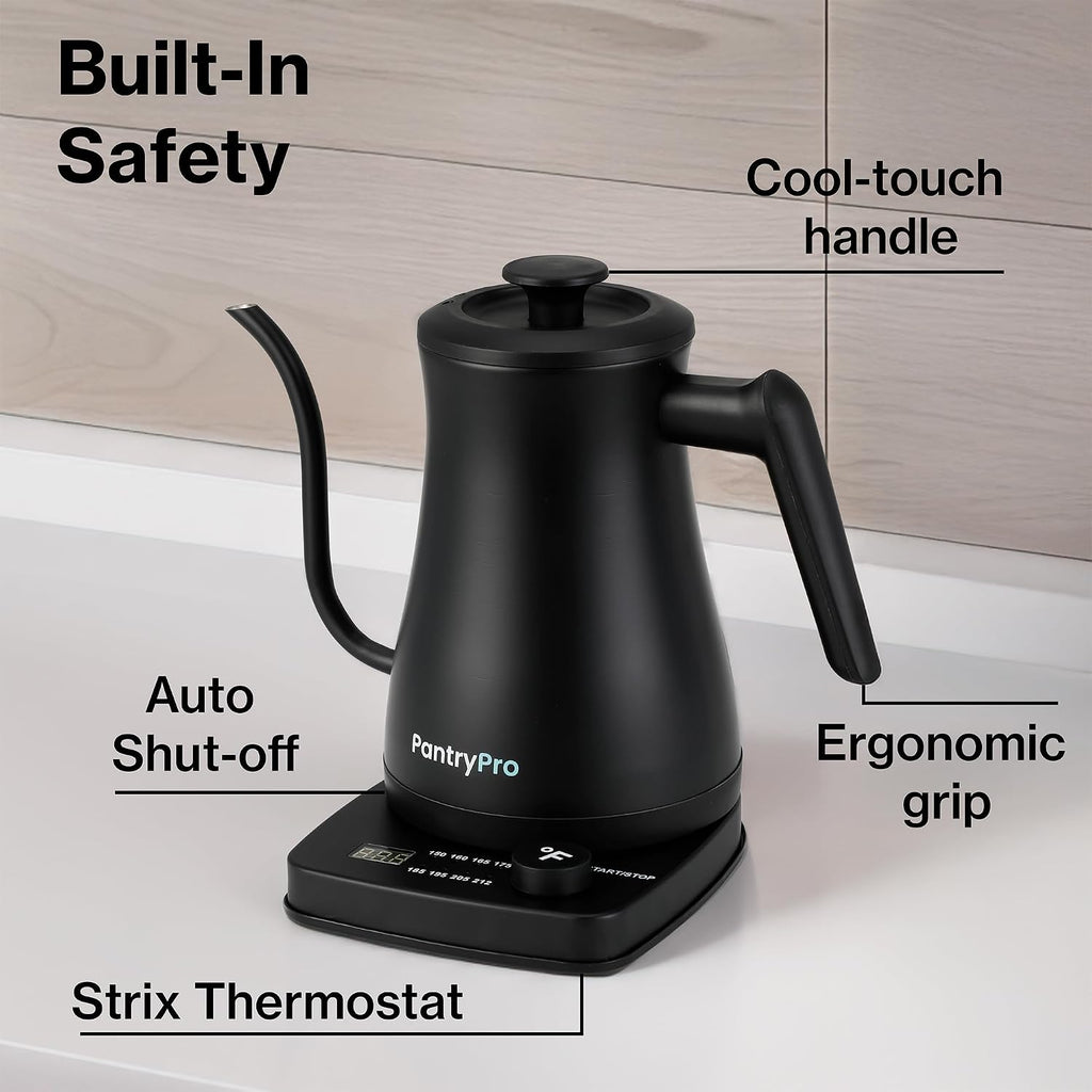 1.0L 1500W Gooseneck Electric Kettle - Stainless Steel Interior - Rapid-Boil - Auto Shut-Off, Boil-Dry Protection