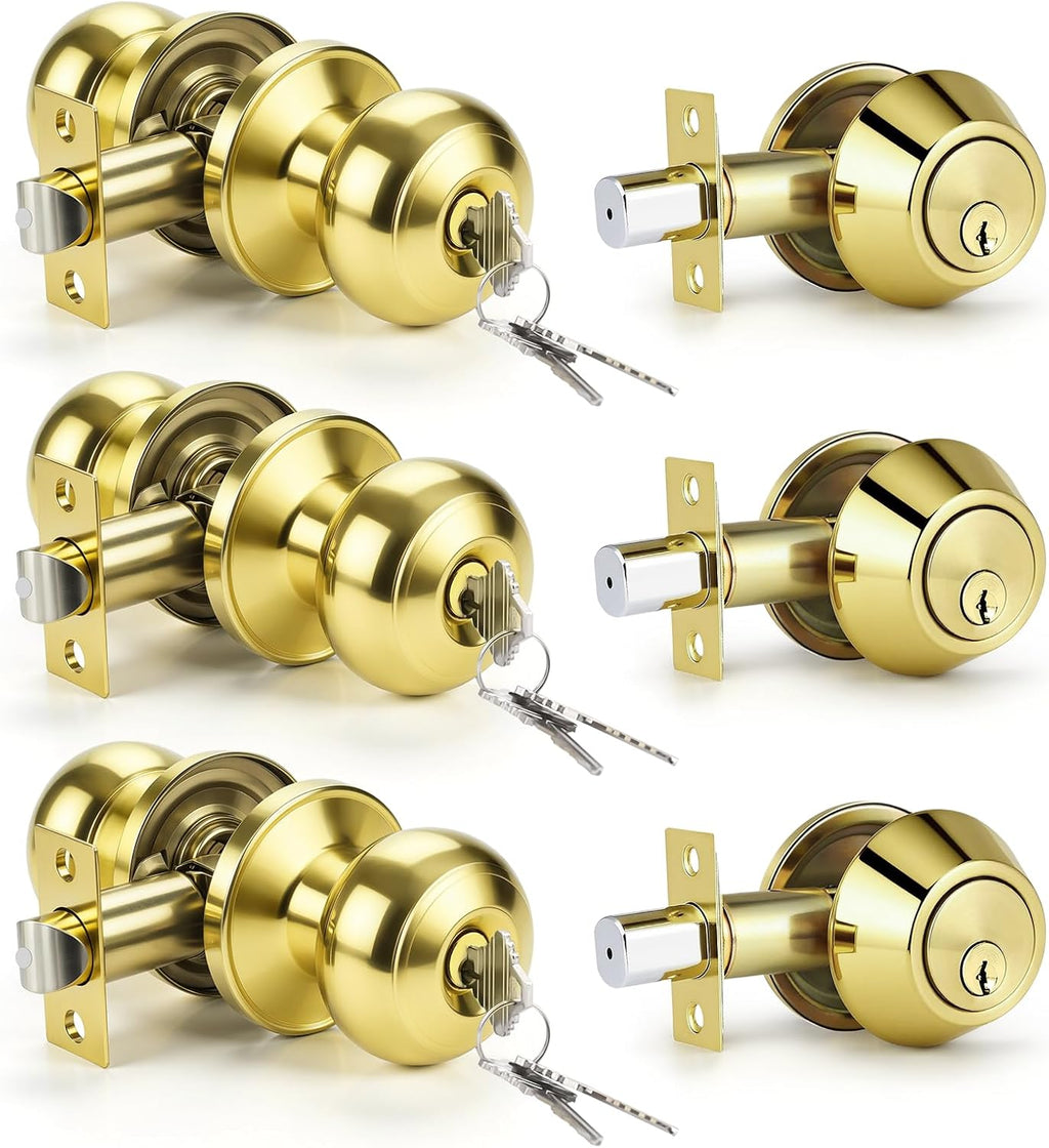 Keyed Entry Door Knob and Single Cylinder Deadbolt Combo Set, Exterior Door Knobs for Entrance and Front Door, Keyed