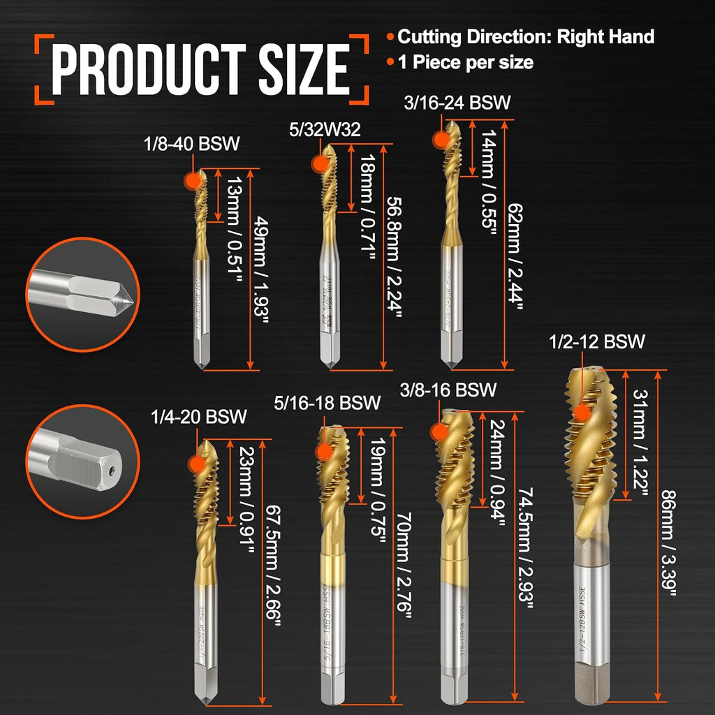 7 Pack Spiral Flute Tap Set High Speed Steel M35 Titanium Coating