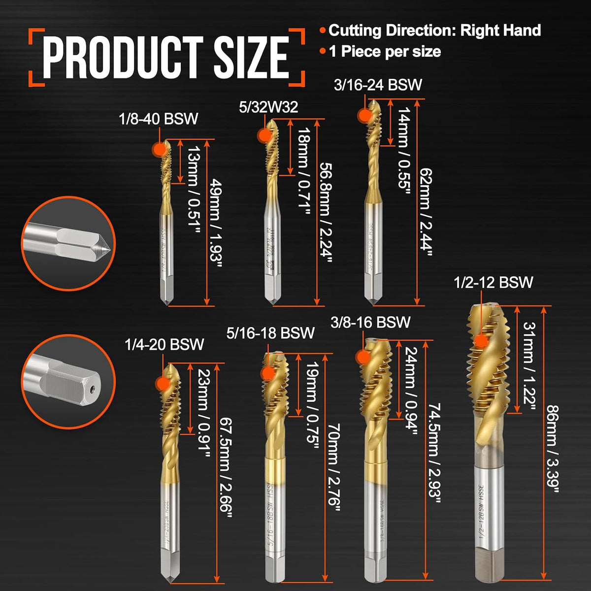 7 Pack Spiral Flute Tap Set High Speed Steel M35 Titanium Coating