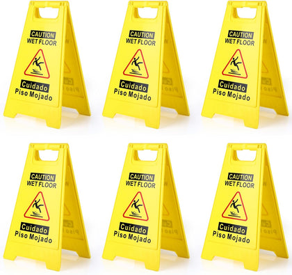 6-Pack Caution Wet Floor Sign,17.5" Height,Bright Yellow Double-Sided Folding A-Shaped Frame Design, Bilingual