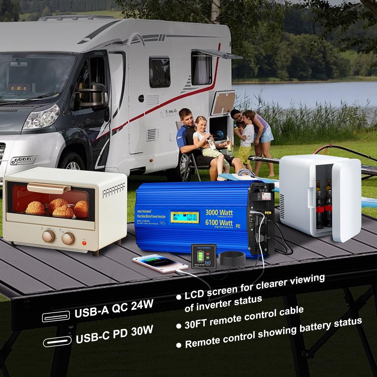 3000 Watt Pure Sine Wave Power Inverter 3000W 12V to 110V 120V AC, 6100W Surge Peak Power for 2 Seconds, UL Fuses