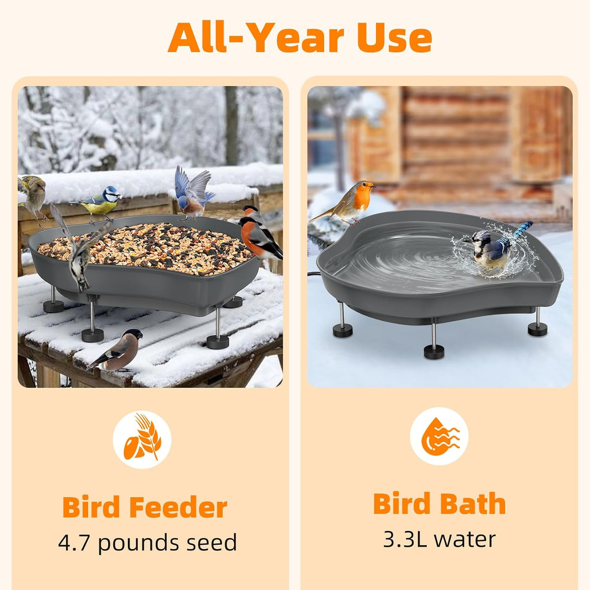 Heated Bird Baths for Outdoors, 60W Thermostatic Winter Birdbath - Gray