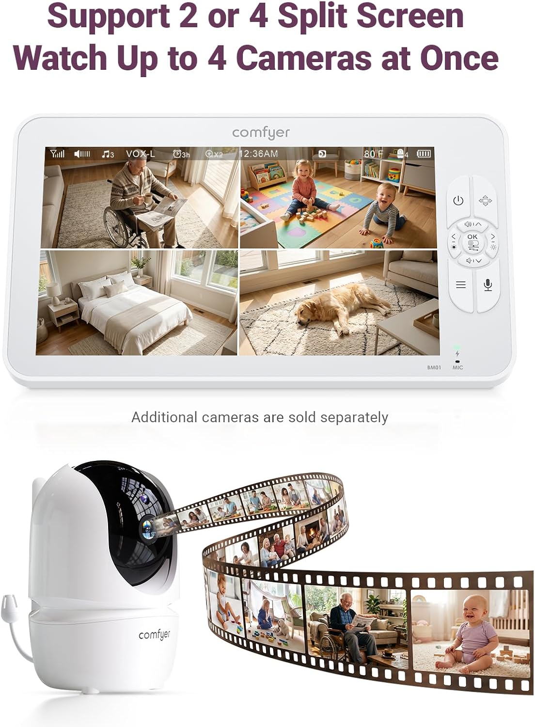 BM01 7" HD Split-Screen Baby Monitor, Video Baby Monitor with 2 Cameras and Audio, No WiFi Monitor with a Flexible