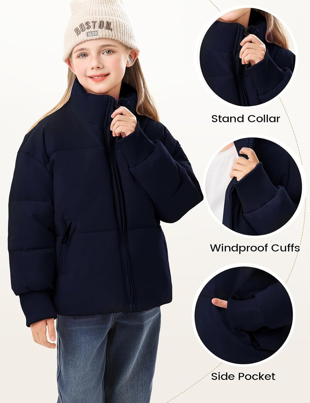 Girls Winter Puffer Jacket Kids Warm Quilted Puffer Coat | Zip Up, Stand Collar, Long Sleeve, Cropped Puffy Jacket
