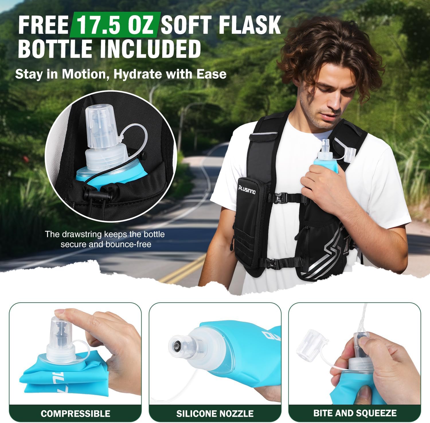 Running Vest for Women Men, Running Hydration Vest with 500ml Soft Flask & Touch-Screen Phone Pocket, Reflective