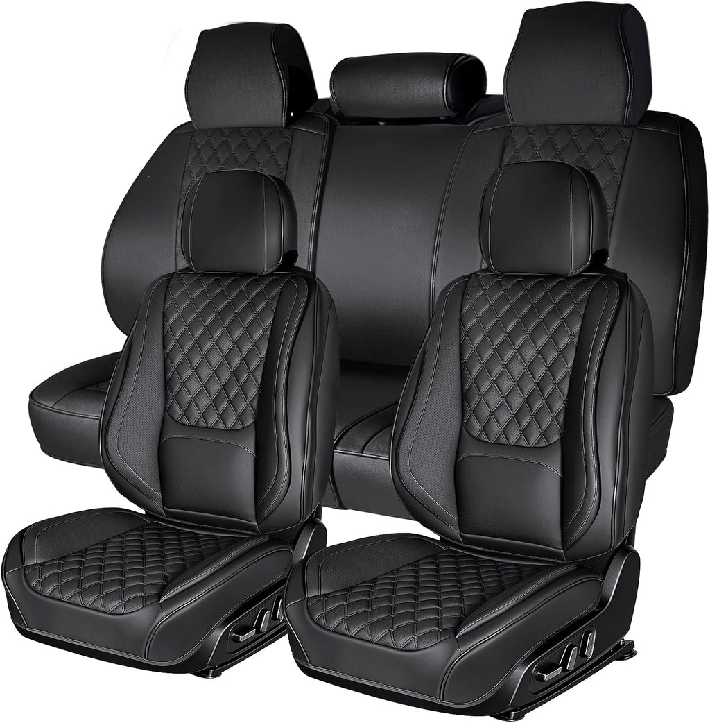 Car Seat Covers Full Set with Lumbar Support, Breathable Perforated PU Leather Seat Covers, Waterproof Seat