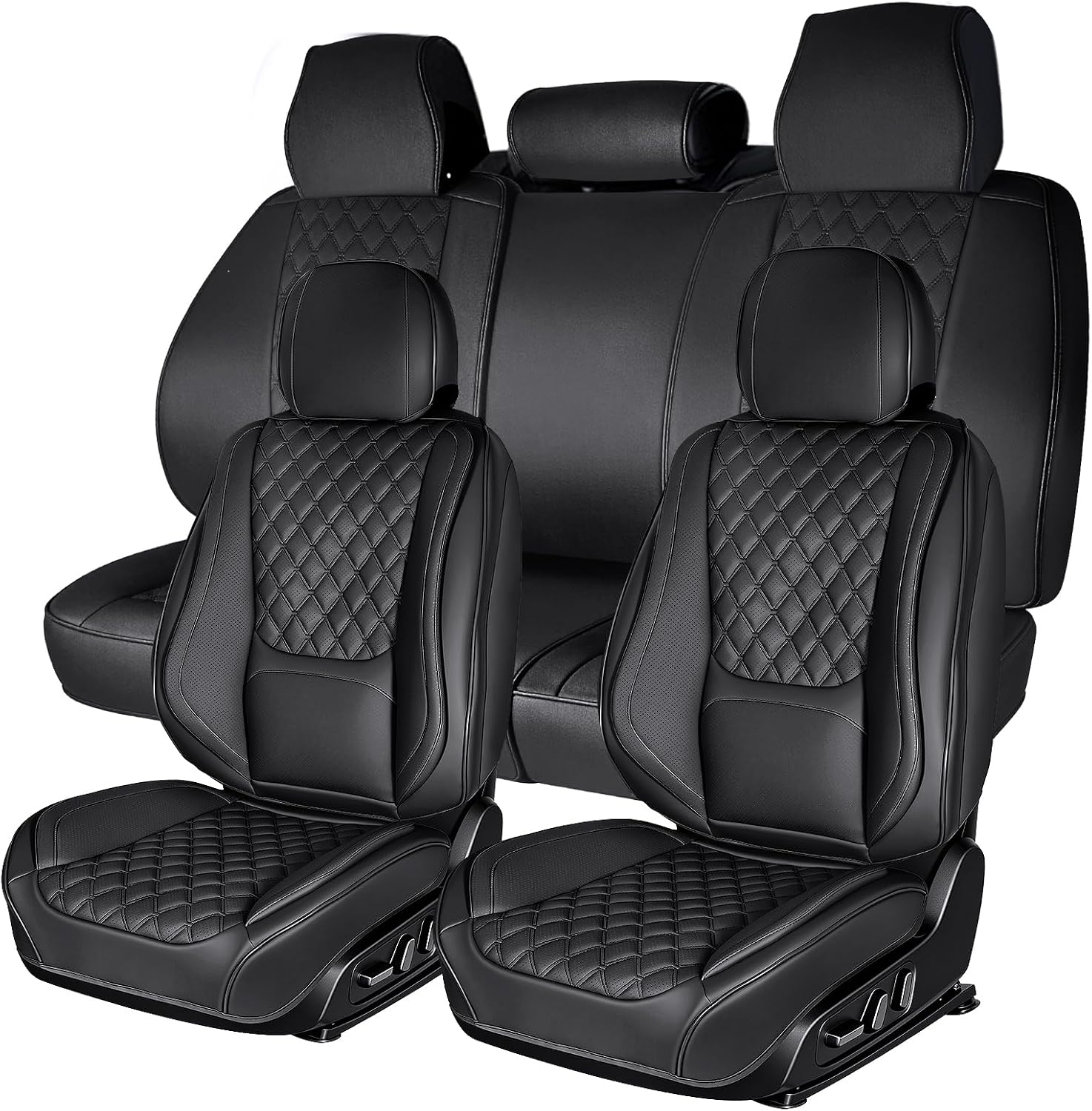 Car Seat Covers Full Set with Lumbar Support, Breathable Perforated PU Leather Seat Covers, Waterproof Seat