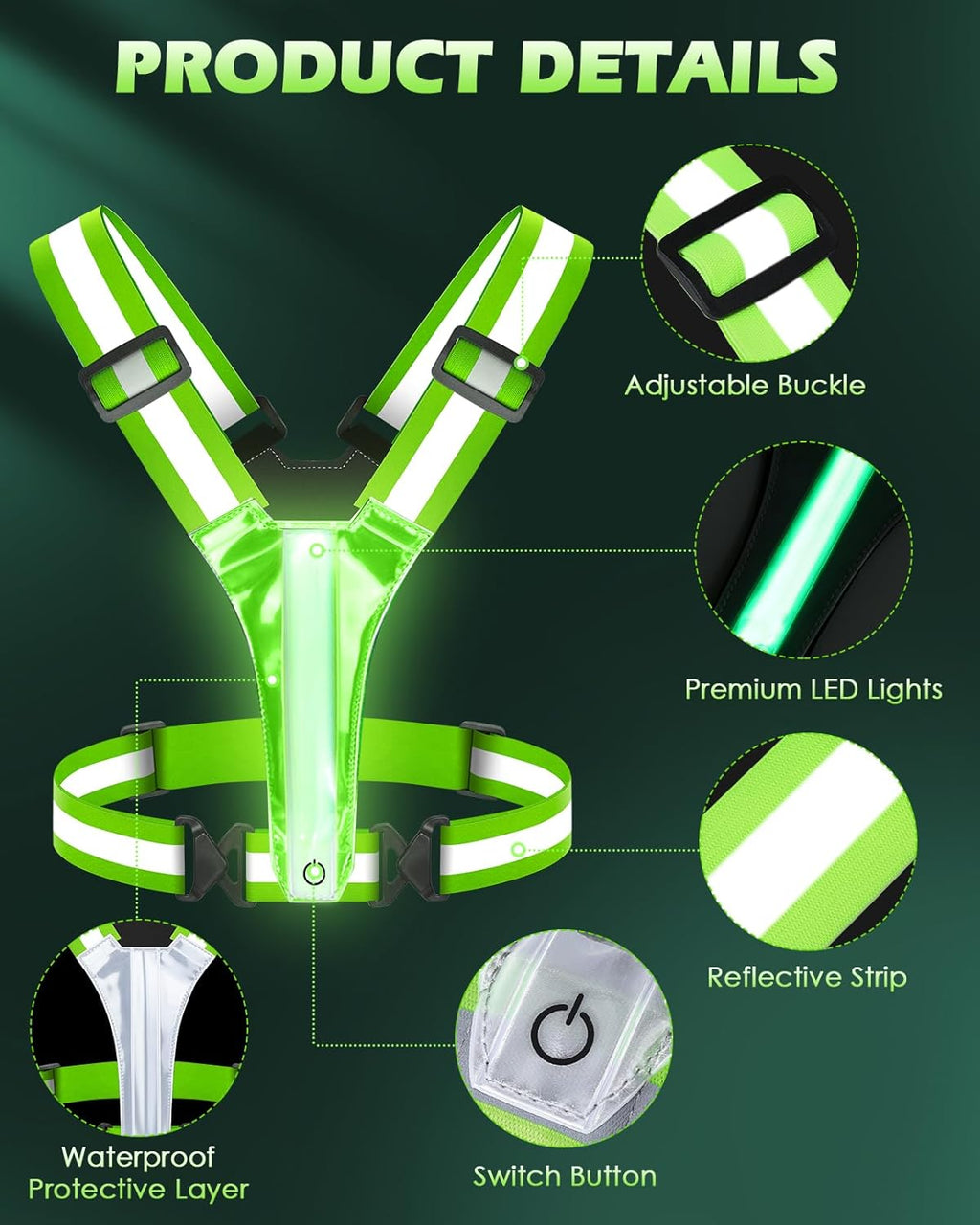 LED Reflective Vest Running Gear, 5 Lights Colors High Visibility Reflective Running Gear Rechargeable Light Up