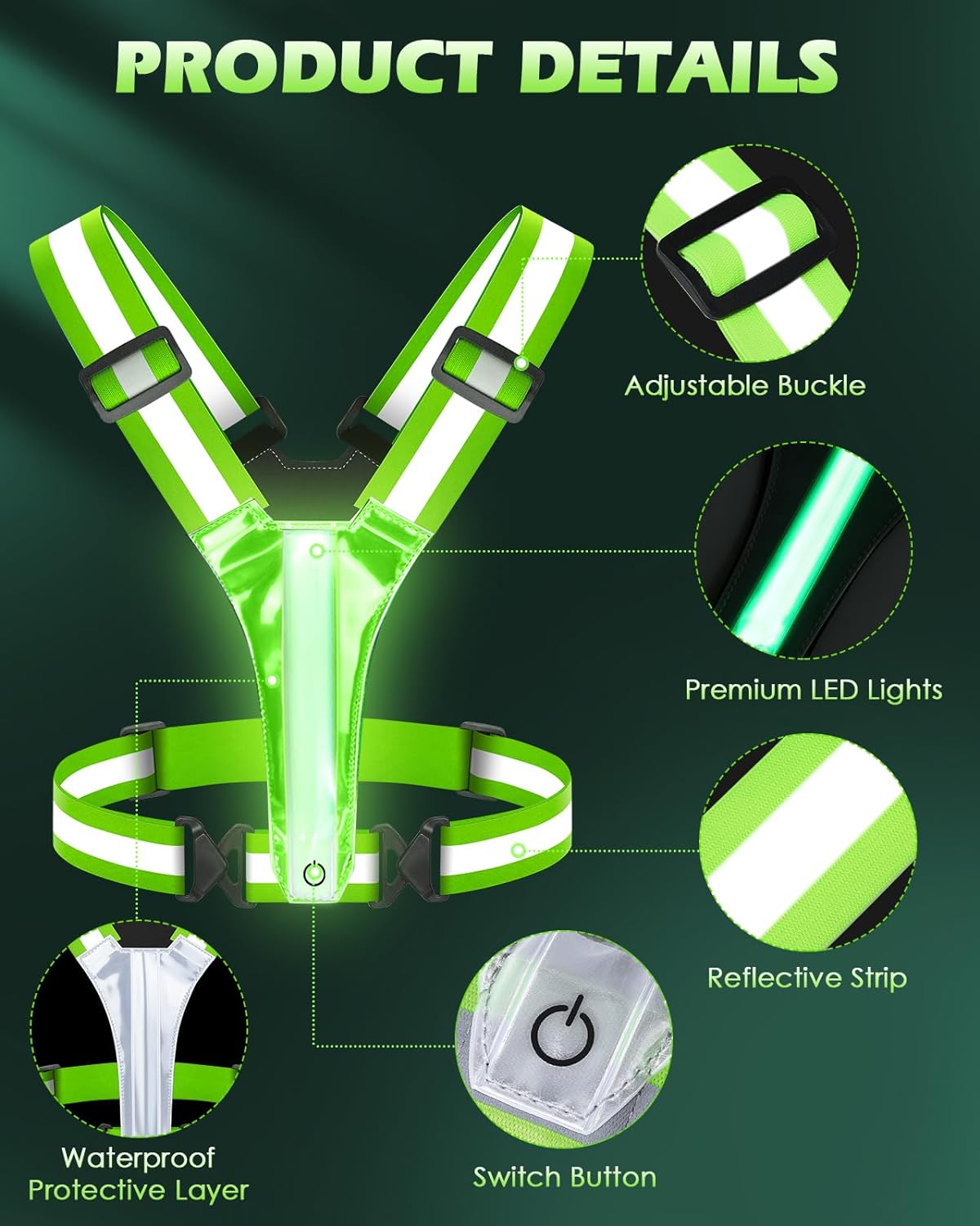 LED Reflective Vest Running Gear, 5 Lights Colors High Visibility Reflective Running Gear Rechargeable Light Up