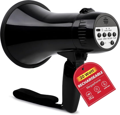 20W Rechargeable Megaphone Speaker Built in 240s Recording & Siren, Up to 300ft Voice Range/650ft Siren