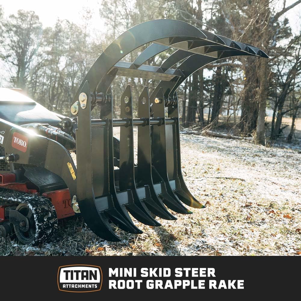 34" Clamshell Root Grapple Rake Attachment, Fits Mini Skid Steer Quick Tach Mounting System, Twin 3,000 PSI Cylinders