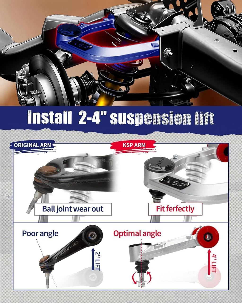 KSP Front Upper Control Arm For Toyota Tacoma 2004-2023, 2-4" Adjustable Front Aluminum Control Arm for 2004-2023 Toyota Hilux Fortuner, One-piece Aftermarket Forged UCA with Greasable Ball Joint