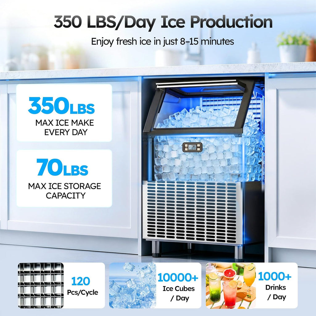 Commercial Ice Maker, 350 LB/24H 70 LB Storage Bin, Stainless Steel