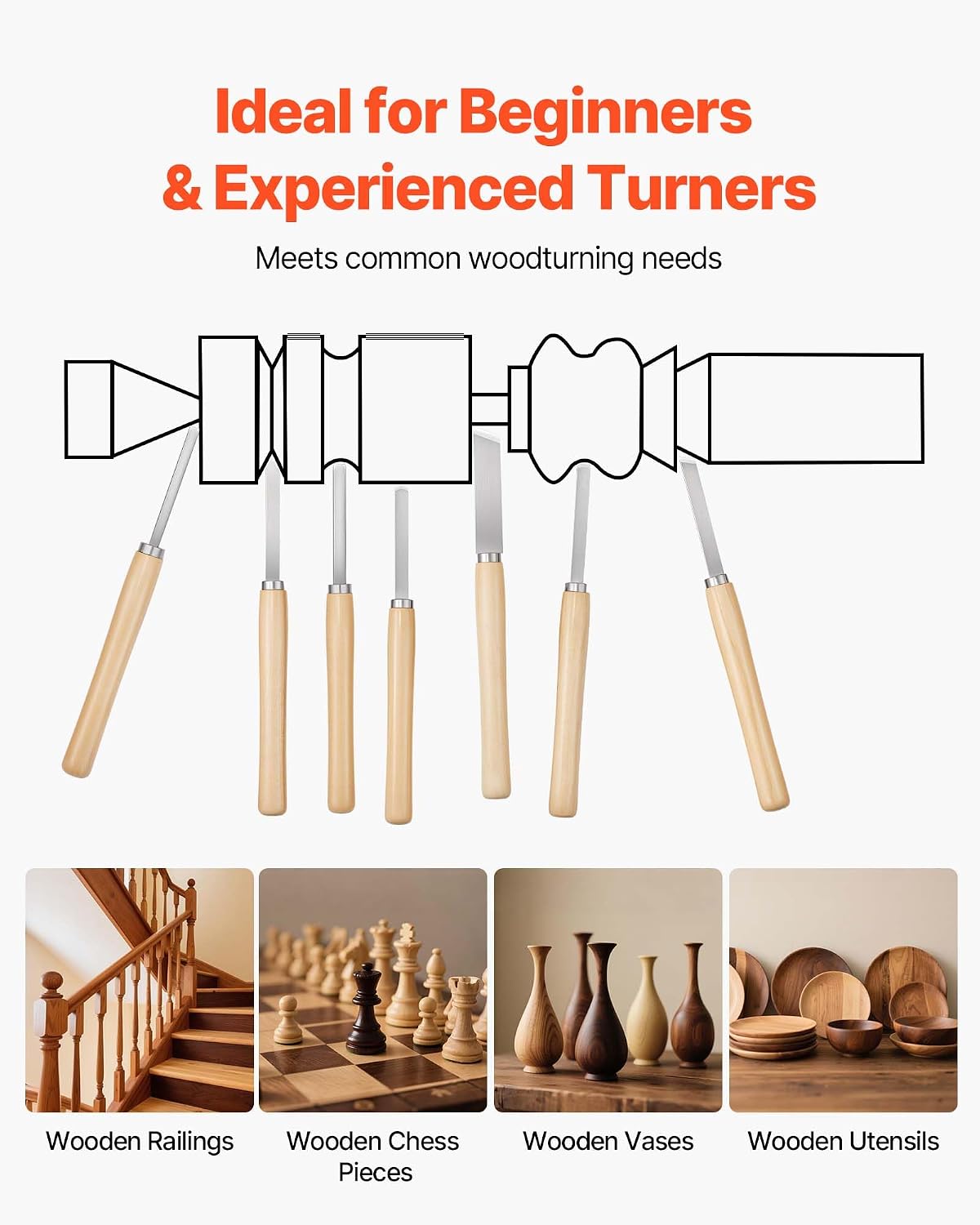 Wood Lathe Turning Tool Set, 8PCS, Lathe Chisel Set with Carbon Steel Blade, 2 Skew, 1 Spear Point, 1 Parting, 1