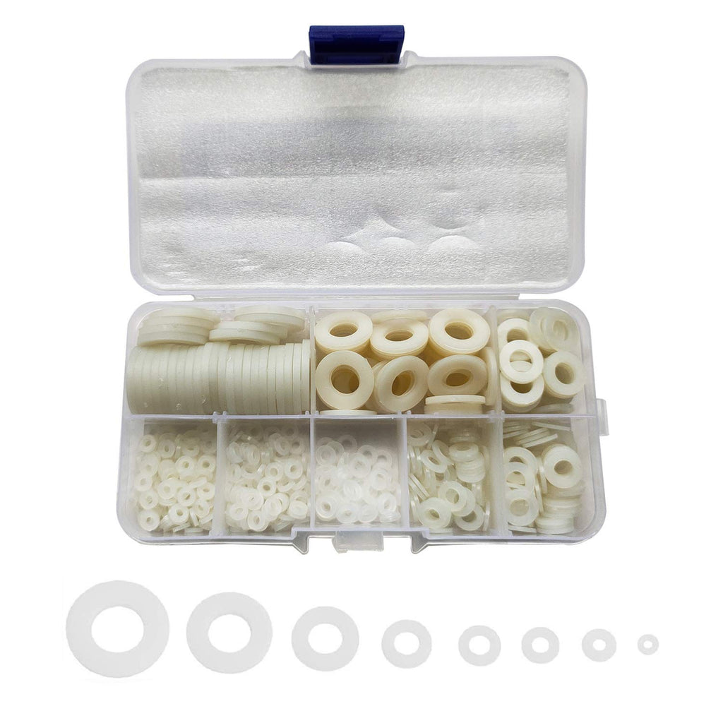 Clear Pack of 480 White Nylon Flat Washer Assortment Shim Kit for M2 M2.5 M3 M4 M5 M6 M8 M10 Screw Bolt, Round