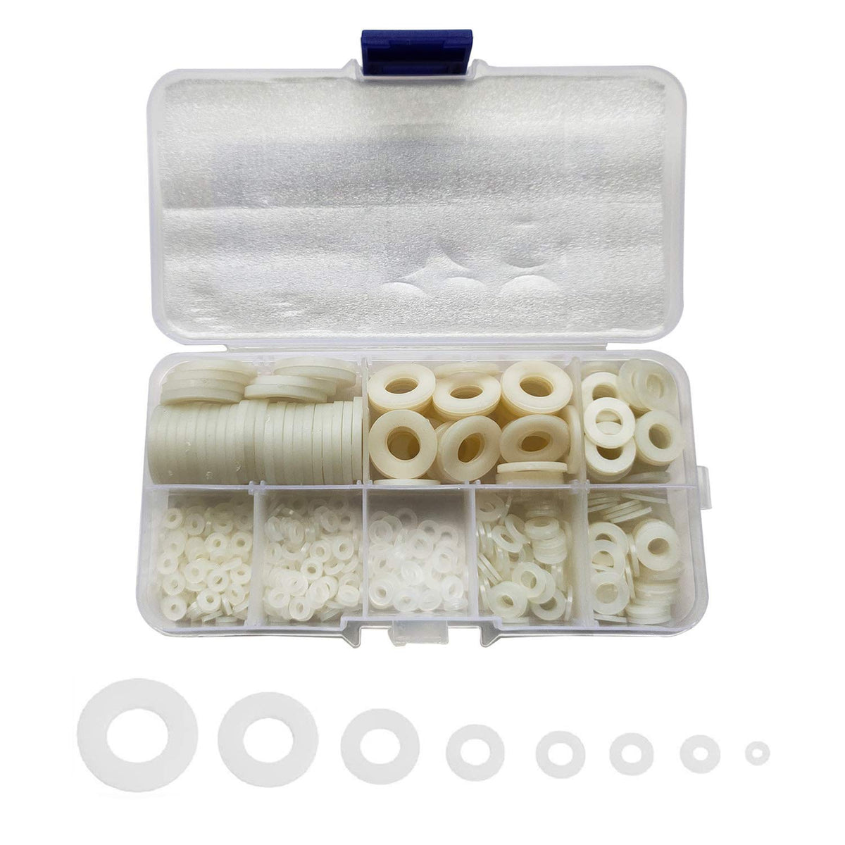 Clear Pack of 480 White Nylon Flat Washer Assortment Shim Kit for M2 M2.5 M3 M4 M5 M6 M8 M10 Screw Bolt, Round
