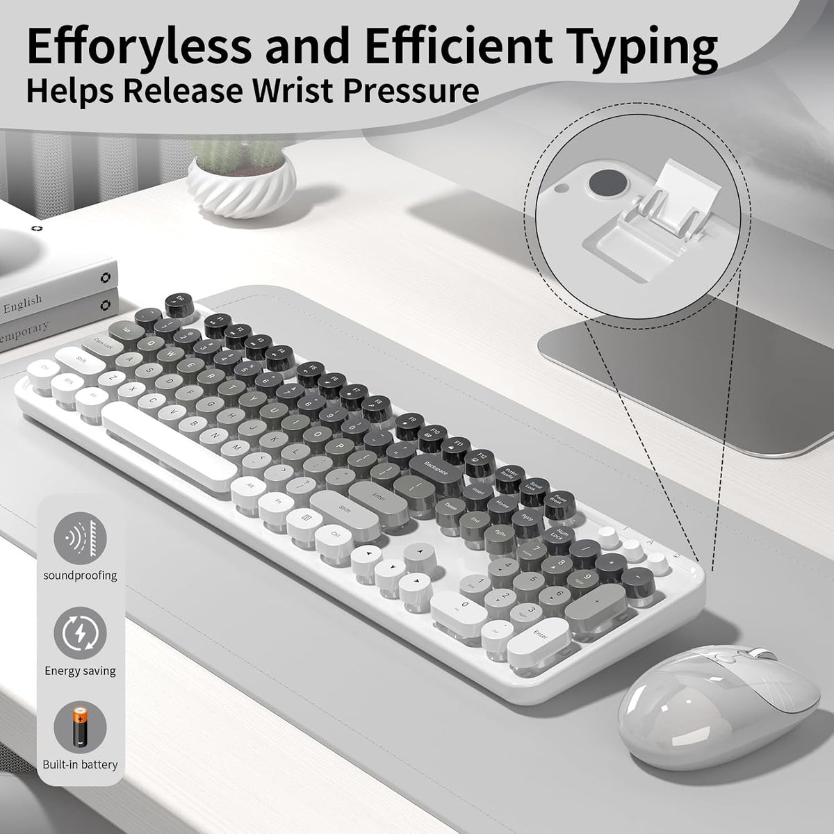 Creamy Wireless Keyboard and Mouse, MOFII 104 Round Keycaps Retro Typewriter with OTG & Brush, Full-Size Ergonomic