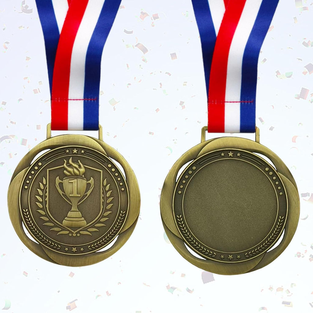 First Place Medal, Large Medal - 3.34Inch Wide - GOlympic Style Winner Medals Gold & Stripes Neck Ribbon - Perfect